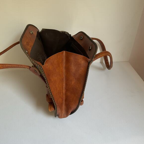 Artisanal Mexican Leather Handbag Floral Embroidered & Painted Purse - Picture 3 of 9